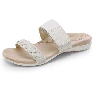 DREAM PAIRS Women’s Arch Support Slides Flat Sandals Soft Cushion Slippers With Adjustable Straps(White)
