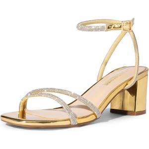 DREAM PAIRS Women’s Chunky Strappy Heels Square Open Toe Ankle Buckle Low Heels Sandals for Daily Wedding Party Dress(Gold-rhinestone)