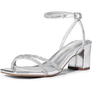 DREAM PAIRS Women’s Chunky Strappy Heels Square Open Toe Ankle Buckle Low Heels Sandals for Daily Wedding Party Dress(Silver-rhinestone)
