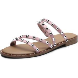 DREAM PAIRS Women’s Clear Studded Rhinestone Slide Sandals Slip on Open Toe Cute Flat Sandals for Summer(Pink-pu-rivet)