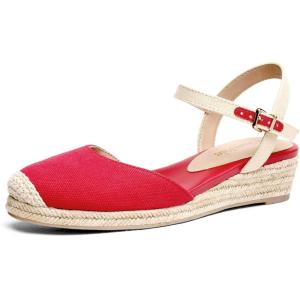 DREAM PAIRS Women’s Closed Toe Elastic Ankle Strap Espadrilles Wedge Sandals(Red)
