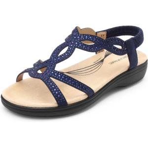 DREAM PAIRS Women’s Comfort Dressy Rhinestone Summer Beach Sandals Slip-on Flat Walking Orthopedic Sandals with Elastica Back Strap(Navy)