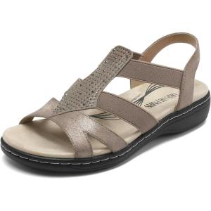 DREAM PAIRS Women’s Comfortable Arch Support Dressy Flat Sandals Elastic Open Toe Walking Shoes for Summer(Bronze)