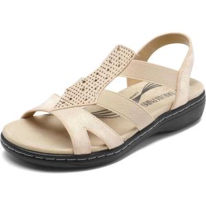 DREAM PAIRS Women’s Comfortable Arch Support Dressy Flat Sandals Elastic Open Toe Walking Shoes for Summer(Gold)