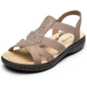 DREAM PAIRS Women’s Comfortable Arch Support Dressy Flat Sandals Elastic Open Toe Walking Shoes for Summer(Taupe)