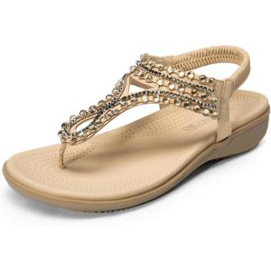 DREAM PAIRS Women’s Comfortable Dressy Flat Sandals Rhinestone Elastic T-Strap Thong Sandals for Summer Beach(Nude)
