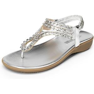 DREAM PAIRS Women’s Comfortable Dressy Flat Sandals Rhinestone Elastic T-Strap Thong Sandals for Summer Beach(Silver)