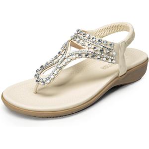 DREAM PAIRS Women’s Comfortable Dressy Flat Sandals Rhinestone Elastic T-Strap Thong Sandals for Summer Beach(White)