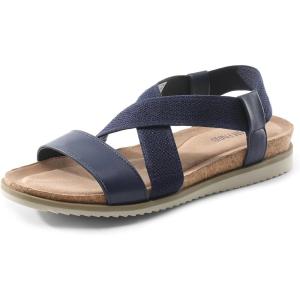 DREAM PAIRS Women’s Comfortable Low Wedge Sandals, Open Toe Slip On Strappy Flat Sandals Light-weight Summer Shoes(Navy)