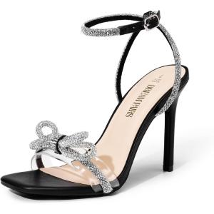 DREAM PAIRS Women’s Double Bowknots Crystal Sandals Clear Slingback Heels Square Toe Shoes for Party Wedding(Black)