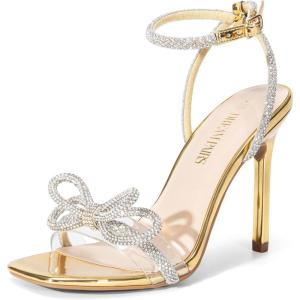 DREAM PAIRS Women’s Double Bowknots Crystal Sandals Clear Slingback Heels Square Toe Shoes for Party Wedding(Gold-pat)