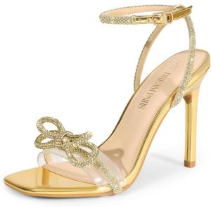 DREAM PAIRS Women’s Double Bowknots Crystal Sandals Clear Slingback Heels Square Toe Shoes for Party Wedding(Gold-rhinestone)