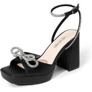 DREAM PAIRS Women’s Double Bowknots Platform Chunky Heels Rhinestone High Square Toe Dress Sandals for Wedding Bridal Party(Black-pu)