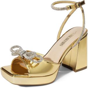 DREAM PAIRS Women’s Double Bowknots Platform Chunky Heels Rhinestone High Square Toe Dress Sandals for Wedding Bridal Party(Gold-pat)