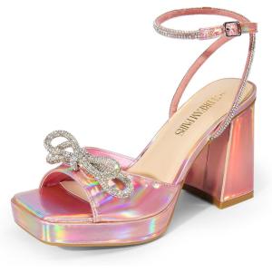 DREAM PAIRS Women’s Double Bowknots Platform Chunky Heels Rhinestone High Square Toe Dress Sandals for Wedding Bridal Party(Pink-pu)