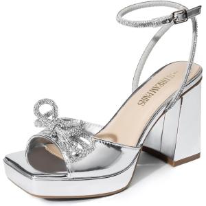 DREAM PAIRS Women’s Double Bowknots Platform Chunky Heels Rhinestone High Square Toe Dress Sandals for Wedding Bridal Party(Silver-pat)