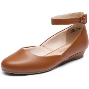 DREAM PAIRS Women’s Dress Flats Ballet Low Wedge Round Toe Ankle Strap Comfortable Casual Flats Shoes(Brown-pu)