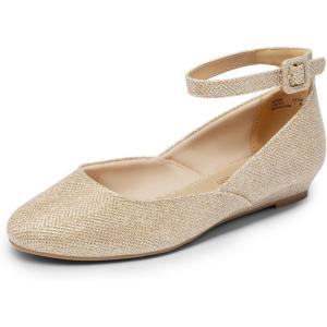 DREAM PAIRS Women’s Dress Flats Ballet Low Wedge Round Toe Ankle Strap Comfortable Casual Flats Shoes(Gold Glitter)