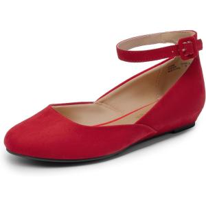 DREAM PAIRS Women’s Dress Flats Ballet Low Wedge Round Toe Ankle Strap Comfortable Casual Flats Shoes(Red Suede)