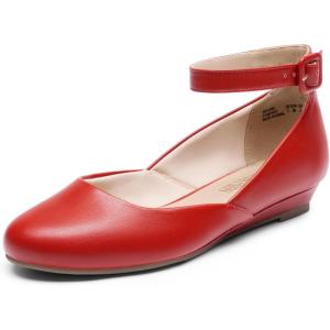 DREAM PAIRS Women’s Dress Flats Ballet Low Wedge Round Toe Ankle Strap Comfortable Casual Flats Shoes(Red-pu)