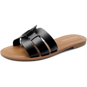 DREAM PAIRS Women’s Dressy Slide Sandals Slip-on Open Round Toe Flat Sandals Fashion Casual Comfortable Summer Beach Walking Slides(Black)
