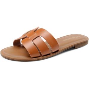 DREAM PAIRS Women’s Dressy Slide Sandals Slip-on Open Round Toe Flat Sandals Fashion Casual Comfortable Summer Beach Walking Slides(Brown)
