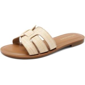 DREAM PAIRS Women’s Dressy Slide Sandals Slip-on Open Round Toe Flat Sandals Fashion Casual Comfortable Summer Beach Walking Slides(Nude-raffia)