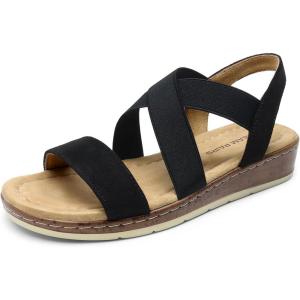 DREAM PAIRS Women’s Dressy Slip on Elastic Ankle Strap Summer Wedge Heels Low Wedge Cork Beach Sandals for Women Casual Vacation(Black-suede)
