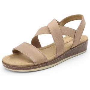 DREAM PAIRS Women’s Dressy Slip on Elastic Ankle Strap Summer Wedge Heels Low Wedge Cork Beach Sandals for Women Casual Vacation(Nude)