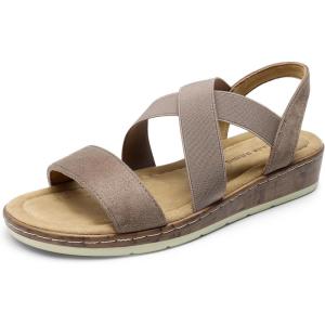 DREAM PAIRS Women’s Dressy Slip on Elastic Ankle Strap Summer Wedge Heels Low Wedge Cork Beach Sandals for Women Casual Vacation(Taupe)