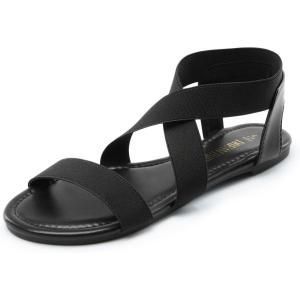 DREAM PAIRS Women’s Elastic Ankle Strap Flat Sandals Summer Dressy Shoes Cute Strappy Gladiator Sandals(All Black-elastic)