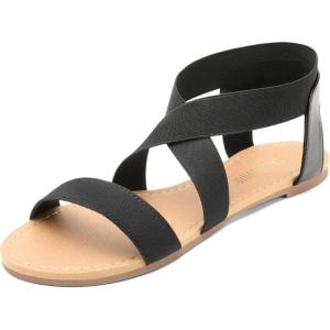 DREAM PAIRS Women’s Elastic Ankle Strap Flat Sandals Summer Dressy Shoes Cute Strappy Gladiator Sandals(Black)