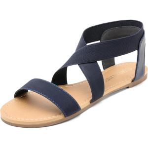 DREAM PAIRS Women’s Elastic Ankle Strap Flat Sandals Summer Dressy Shoes Cute Strappy Gladiator Sandals(Navy)