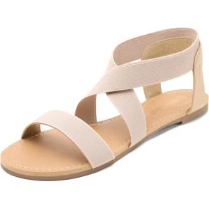 DREAM PAIRS Women’s Elastic Ankle Strap Flat Sandals Summer Dressy Shoes Cute Strappy Gladiator Sandals(Nude)