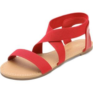 DREAM PAIRS Women’s Elastic Ankle Strap Flat Sandals Summer Dressy Shoes Cute Strappy Gladiator Sandals(Red)