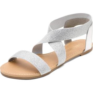 DREAM PAIRS Women’s Elastic Ankle Strap Flat Sandals Summer Dressy Shoes Cute Strappy Gladiator Sandals(Silver/Pu)