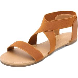 DREAM PAIRS Women’s Elastic Ankle Strap Flat Sandals Summer Dressy Shoes Cute Strappy Gladiator Sandals(Tan)