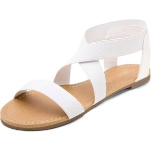 DREAM PAIRS Women’s Elastic Ankle Strap Flat Sandals Summer Dressy Shoes Cute Strappy Gladiator Sandals(White)