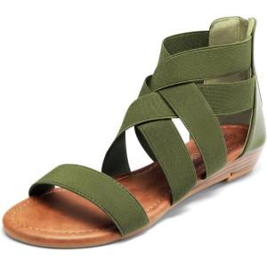 DREAM PAIRS Women’s Elastic Ankle Strap Low Wedges Sandals(Army/Green)