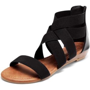 DREAM PAIRS Women’s Elastic Ankle Strap Low Wedges Sandals(Black)