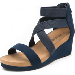 DREAM PAIRS Womens Elastic Ankle Strap Open Toe Platform Wedge Sandals Comfortable Summer Shoes(Navy)