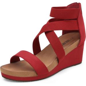 DREAM PAIRS Womens Elastic Ankle Strap Open Toe Platform Wedge Sandals Comfortable Summer Shoes(Red)