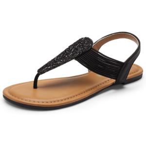 DREAM PAIRS Women’s Elastic Strappy String Thong Ankle Strap Summer Gladiator Sandals(Black/Brown-fabric)