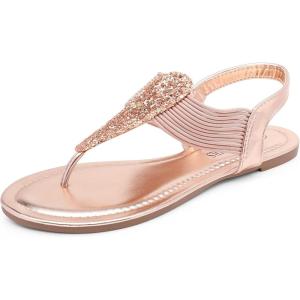 DREAM PAIRS Women’s Elastic Strappy String Thong Ankle Strap Summer Gladiator Sandals(Champagne/Gold)