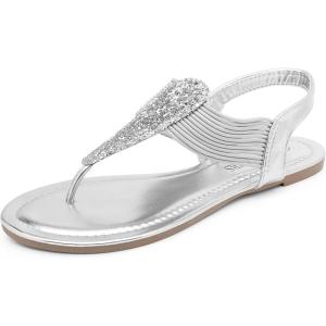 DREAM PAIRS Women’s Elastic Strappy String Thong Ankle Strap Summer Gladiator Sandals(Silver)
