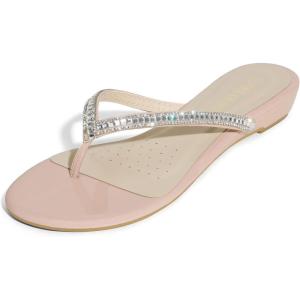 DREAM PAIRS Women’s Fashion Rhinestones Design Slides Sandals Dress Daily Flat Sandals for Summer(Nude)