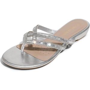 DREAM PAIRS Women’s Fashion Rhinestones Design Slides Sandals Dress Daily Flat Sandals for Summer(Silver)