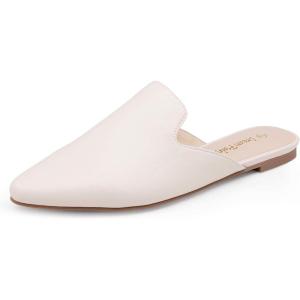 DREAM PAIRS Women’s Flat Mules Pointed Toe Backless Loafer Shoes(White/Pu)