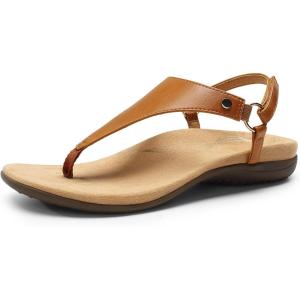 DREAM PAIRS Women’s Flat Sandals Arch Support Orthopedic Comfortable Soft Cushion Summer T-Strap Walking Thong Sandals(Tan-pu)