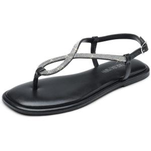 DREAM PAIRS Women’s Flat Sandals Dressy Rhinestone Thong Ankle Strap Summer Gladiator Sandals(Black)